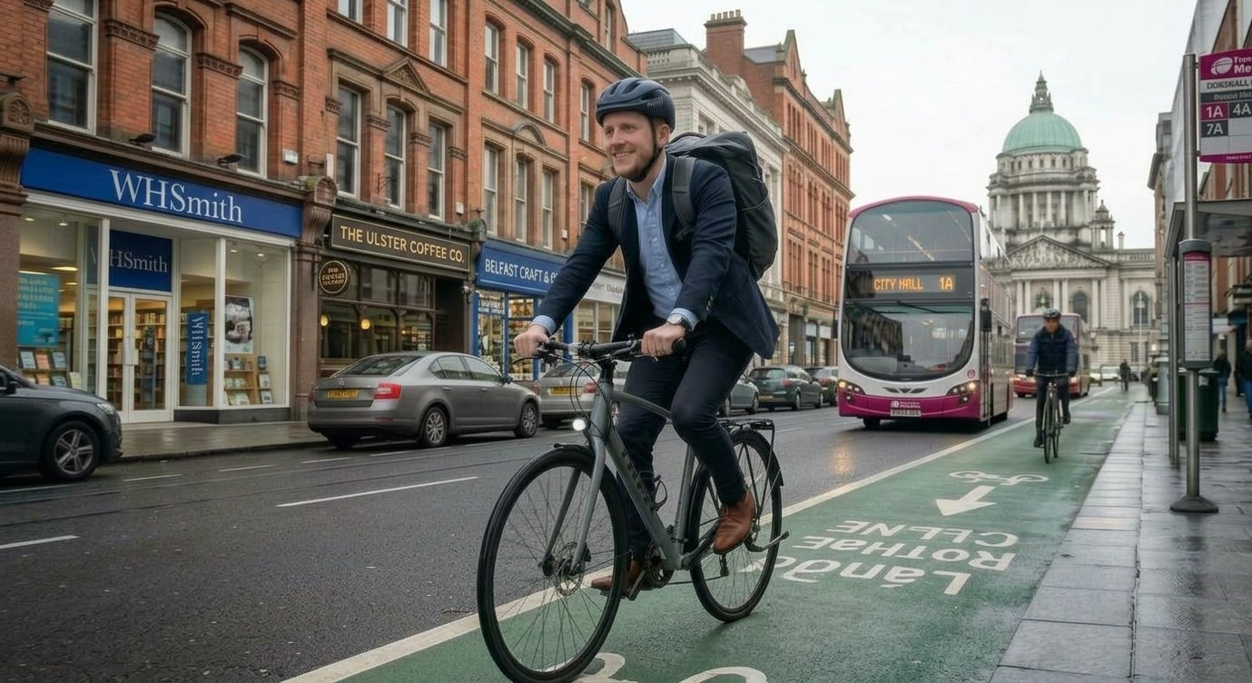 Commuter cycling to work along a small-town street